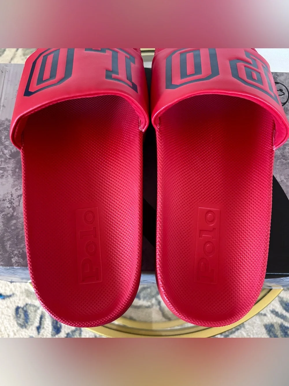 Polo Ralph Lauren Cayson Mens Slides Size 13 Red Navy Blue Spell Out Sandals